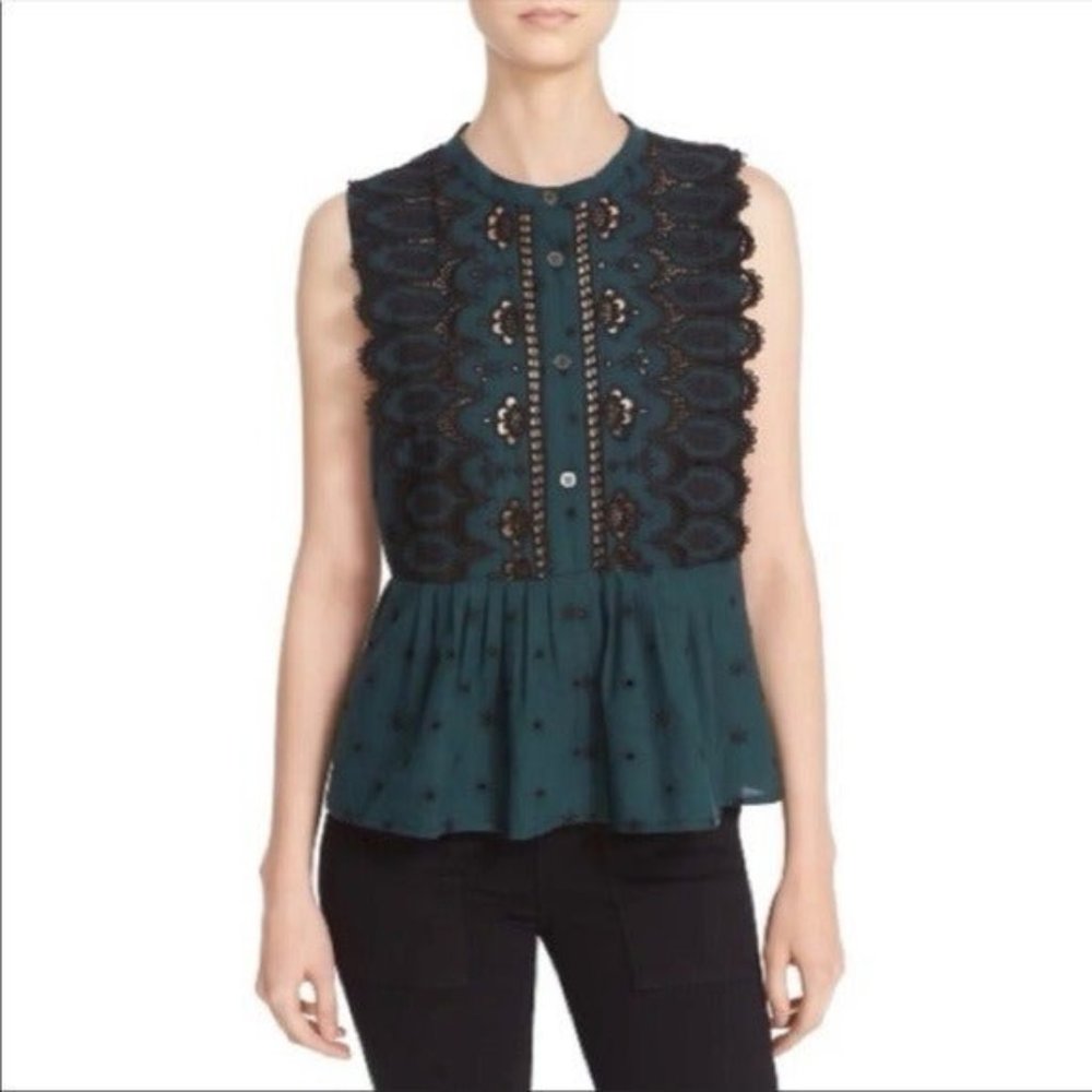 Sea New York Broderie Anglaise Sleeveless Green and Black Blouse size 8